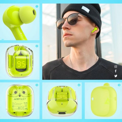 Acefast T6 dokanałowe słuchawki bezprzewodowe TWS Bluetooth - zielone