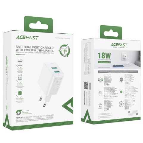 Acefast ładowarka sieciowa 2x USB 18W QC 3.0, AFC, FCP biały (A33 white) Acefast ładowarka sieciowa 2x USB 18W QC 3.0, AFC, FCP biały (A33 white)