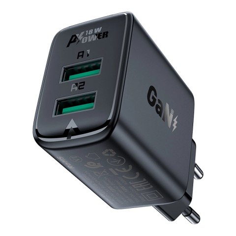 Acefast ładowarka sieciowa 2x USB 18W QC 3.0, AFC, FCP czarny (A33 black) Acefast ładowarka sieciowa 2x USB 18W QC 3.0, AFC, FCP czarny (A33 black)