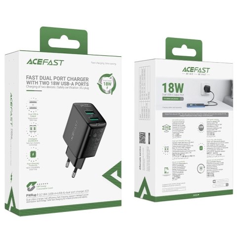 Acefast ładowarka sieciowa 2x USB 18W QC 3.0, AFC, FCP czarny (A33 black) Acefast ładowarka sieciowa 2x USB 18W QC 3.0, AFC, FCP czarny (A33 black)
