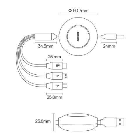 Kabel Baseus Bright Mirror 2 CAMJ010105 zwijany 3w1 USB-A - micro USB / Lightning / USB-C 66W 1.1m - fioletowy