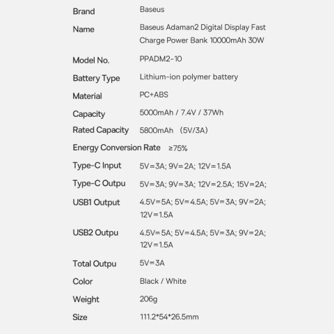 Baseus Adaman2 powerbank z wyświetlaczem cyfrowym 10000mAh 30W 2 x USB / 1x USB Typ C Overseas Edition PD QC SCP czarny (PPAD040