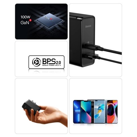 Baseus GaN5 Pro szybka uniwersalna ładowarka sieciowa GaN USB Typ C / USB 100W PD3.0, QC4.0+, AFC czarny (CCGP090201) Baseus GaN5 Pro szybka uniwersalna ładowarka sieciowa GaN USB Typ C / USB 100W PD3.0, QC4.0+, AFC czarny (CCGP090201)
