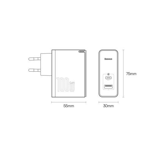 Baseus GaN5 Pro szybka uniwersalna ładowarka sieciowa GaN USB Typ C / USB 100W PD3.0, QC4.0+, AFC czarny (CCGP090201) Baseus GaN5 Pro szybka uniwersalna ładowarka sieciowa GaN USB Typ C / USB 100W PD3.0, QC4.0+, AFC czarny (CCGP090201)
