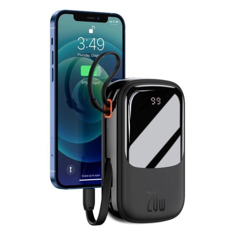 Baseus Qpow Digital Display powerbank z szybkim ładowaniem 20000mAh 20W QC/PD/SCP/FCP z wbudowanym kablem Lightning czarny Baseus Qpow Digital Display powerbank z szybkim ładowaniem 20000mAh 20W QC/PD/SCP/FCP z wbudowanym kablem Lightning czarny