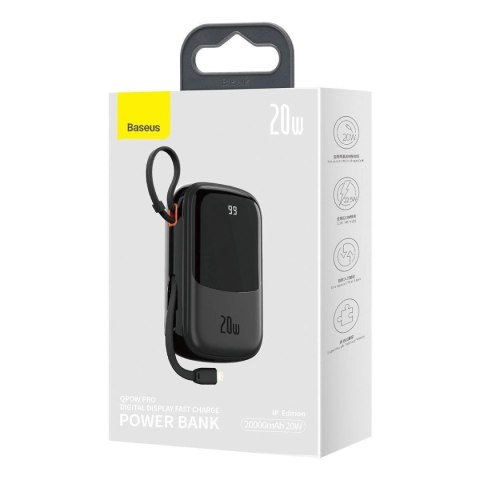 Baseus Qpow Digital Display powerbank z szybkim ładowaniem 20000mAh 20W QC/PD/SCP/FCP z wbudowanym kablem Lightning czarny Baseus Qpow Digital Display powerbank z szybkim ładowaniem 20000mAh 20W QC/PD/SCP/FCP z wbudowanym kablem Lightning czarny