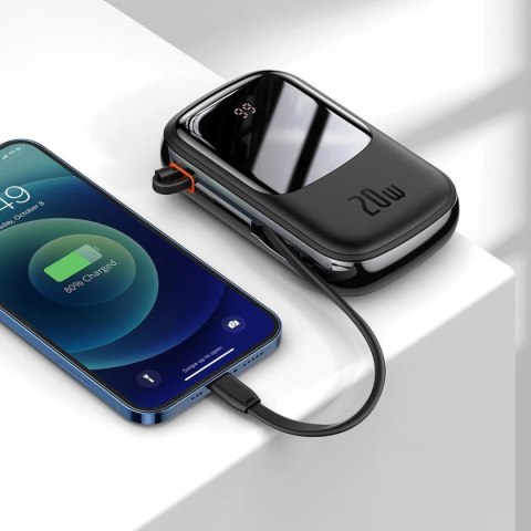 Baseus Qpow Digital Display powerbank z szybkim ładowaniem 20000mAh 20W QC/PD/SCP/FCP z wbudowanym kablem Lightning czarny Baseus Qpow Digital Display powerbank z szybkim ładowaniem 20000mAh 20W QC/PD/SCP/FCP z wbudowanym kablem Lightning czarny