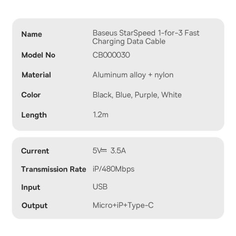 Kabel 3w1 USB - micro USB / Lightning / USB C 3.5A 1.2m Baseus StarSpeed - czarny Kabel 3w1 USB - micro USB / Lightning / USB C 3.5A 1.2m Baseus StarSpeed - czarny