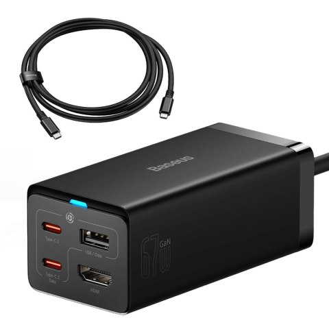 Ładowarka sieciowa GaN5 Baseus CCGP110201 67W HUB HDMI 2x USB-C / USB-A / HDMI 4K 30Hz 1,5m - czarna + kabel USB-C - USB-C 100W Ładowarka sieciowa GaN5 Baseus CCGP110201 67W HUB HDMI 2x USB-C / USB-A / HDMI 4K 30Hz 1,5m - czarna + kabel USB-C - USB-C 100W