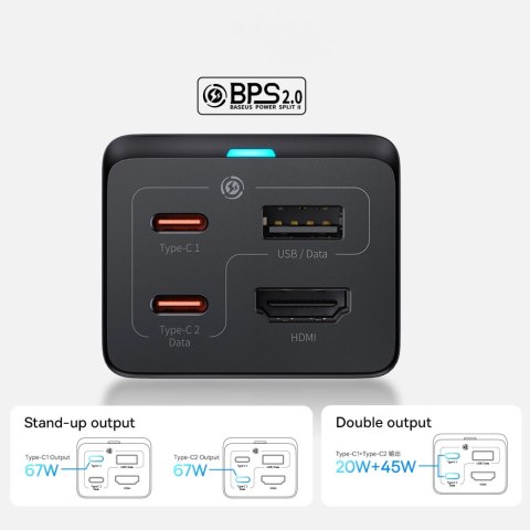Ładowarka sieciowa GaN5 Baseus CCGP110201 67W HUB HDMI 2x USB-C / USB-A / HDMI 4K 30Hz 1,5m - czarna + kabel USB-C - USB-C 100W Ładowarka sieciowa GaN5 Baseus CCGP110201 67W HUB HDMI 2x USB-C / USB-A / HDMI 4K 30Hz 1,5m - czarna + kabel USB-C - USB-C 100W