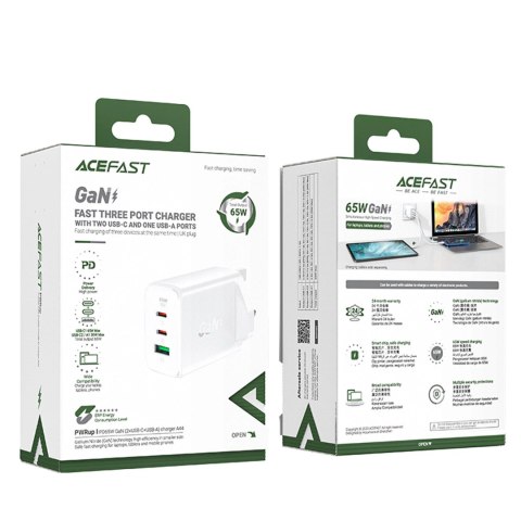 Acefast ładowarka GaN 65W 3 porty (1xUSB, 2xUSB C PD) wtyczka UK biała (A44) Acefast ładowarka GaN 65W 3 porty (1xUSB, 2xUSB C PD) wtyczka UK biała (A44)