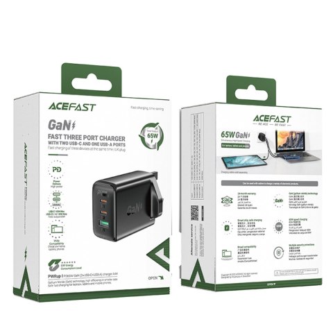 Acefast ładowarka GaN 65W 3 porty (1xUSB, 2xUSB C PD) wtyczka UK czarna (A44) Acefast ładowarka GaN 65W 3 porty (1xUSB, 2xUSB C PD) wtyczka UK czarna (A44)