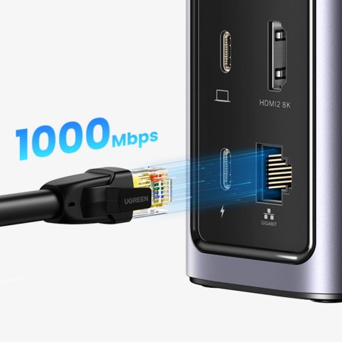 Ugreen wielofunkcyjna stacja dokująca HUB 12w1 USB C USB HDMI DP RJ45 AUX SD TF szara (CM555)