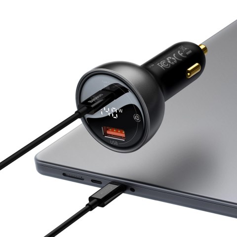 Ładowarka samochodowa Baseus Digital Display USB-A / USB-C PD 140W - czarna + kabel USB-C / USB-C 240W 1m Ładowarka samochodowa Baseus Digital Display USB-A / USB-C PD 140W - czarna + kabel USB-C / USB-C 240W 1m