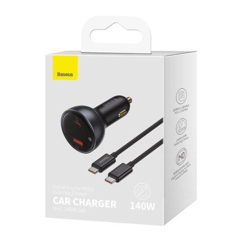 Ładowarka samochodowa Baseus Digital Display USB-A / USB-C PD 140W - czarna + kabel USB-C / USB-C 240W 1m Ładowarka samochodowa Baseus Digital Display USB-A / USB-C PD 140W - czarna + kabel USB-C / USB-C 240W 1m