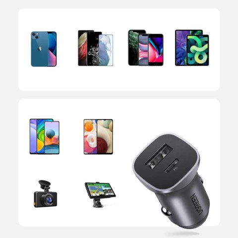 Ładowarka samochodowa Ugreen CD130 USB-A / USB-C 30W - szara