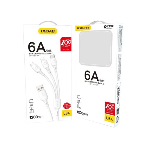 Kabel Dudao L8A-3in1 USB-A - USB-C / micro USB / Lightning 480Mb/s 1.2m - biały Kabel Dudao L8A-3in1 USB-A - USB-C / micro USB / Lightning 480Mb/s 1.2m - biały