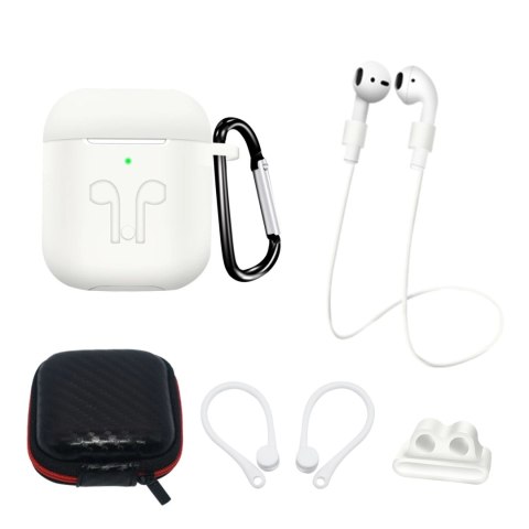 Zestaw silikonowe etui AirPods 2 / AirPods 1 + futerał / zaczep na ucho / pasek na szyję / uchwyt na pasek zegarka / karabińczyk Zestaw silikonowe etui AirPods 2 / AirPods 1 + futerał / zaczep na ucho / pasek na szyję / uchwyt na pasek zegarka / karabińczyk