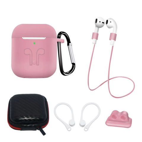Zestaw silikonowe etui AirPods 2 / AirPods 1 + futerał / zaczep na ucho / pasek na szyję / uchwyt na pasek zegarka / karabińczyk Zestaw silikonowe etui AirPods 2 / AirPods 1 + futerał / zaczep na ucho / pasek na szyję / uchwyt na pasek zegarka / karabińczyk