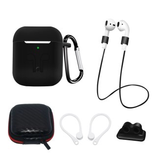 Zestaw silikonowe etui AirPods 2 / AirPods 1 + futerał / zaczep na ucho / pasek na szyję / uchwyt na pasek zegarka / karabińczyk