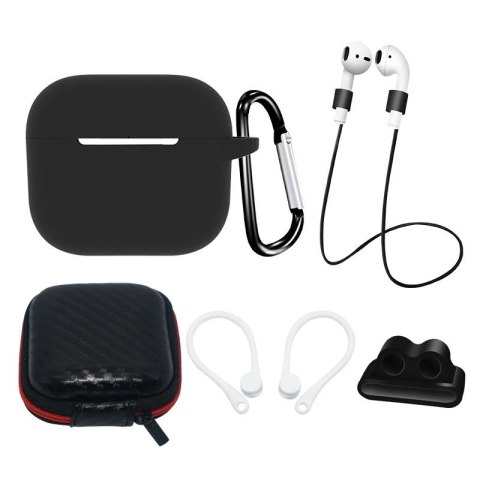 Zestaw silikonowe etui AirPods 3 + futerał / zaczep na ucho / pasek na szyję / uchwyt na pasek zegarka / karabińczyk - czarne Zestaw silikonowe etui AirPods 3 + futerał / zaczep na ucho / pasek na szyję / uchwyt na pasek zegarka / karabińczyk - czarne