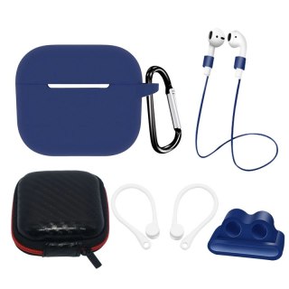 Zestaw silikonowe etui AirPods 3 + futerał / zaczep na ucho / pasek na szyję / uchwyt na pasek zegarka / karabińczyk - niebieski