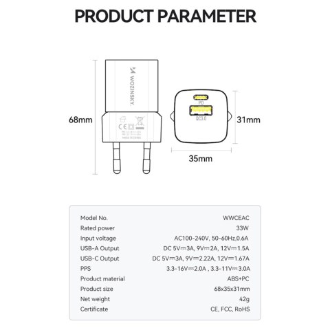 Ładowarka sieciowa Wozinsky WWCEAC GaN USB-A USB-C 33W - biała Ładowarka sieciowa Wozinsky WWCEAC GaN USB-A USB-C 33W - biała