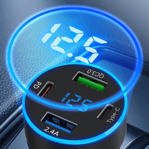 Ładowarka samochodowa Wozinsky WDCCB z wyświetlaczem 50W 2xUSB-C / 2xUSB-A - czarna