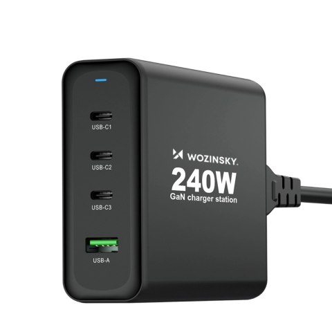 Ładowarka sieciowa GaN Wozinsky WGCSB 240W USB-A / 3 x USB-C - czarna Ładowarka sieciowa GaN Wozinsky WGCSB 240W USB-A / 3 x USB-C - czarna