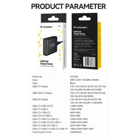 Ładowarka sieciowa GaN Wozinsky WGCSB 240W USB-A / 3 x USB-C - czarna Ładowarka sieciowa GaN Wozinsky WGCSB 240W USB-A / 3 x USB-C - czarna