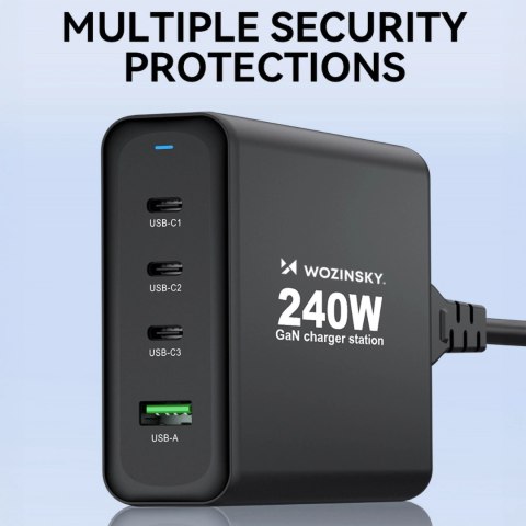 Ładowarka sieciowa GaN Wozinsky WGCSB 240W USB-A / 3 x USB-C - czarna Ładowarka sieciowa GaN Wozinsky WGCSB 240W USB-A / 3 x USB-C - czarna