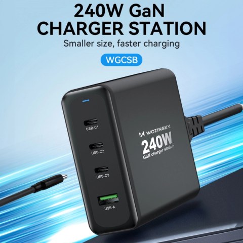Ładowarka sieciowa GaN Wozinsky WGCSB 240W USB-A / 3 x USB-C - czarna Ładowarka sieciowa GaN Wozinsky WGCSB 240W USB-A / 3 x USB-C - czarna