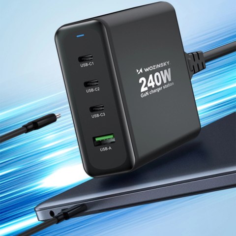 Ładowarka sieciowa GaN Wozinsky WGCSB 240W USB-A / 3 x USB-C - czarna Ładowarka sieciowa GaN Wozinsky WGCSB 240W USB-A / 3 x USB-C - czarna