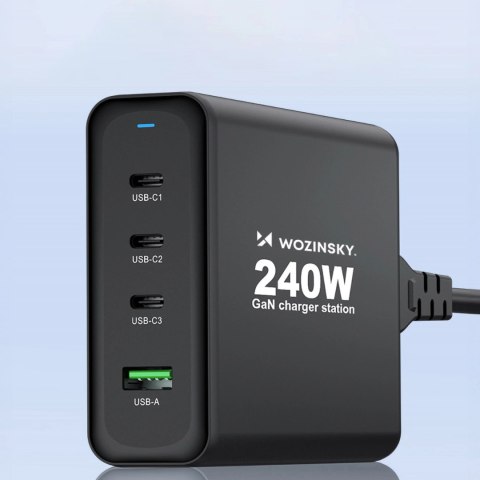 Ładowarka sieciowa GaN Wozinsky WGCSB 240W USB-A / 3 x USB-C - czarna Ładowarka sieciowa GaN Wozinsky WGCSB 240W USB-A / 3 x USB-C - czarna