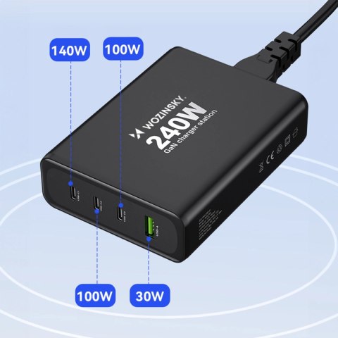 Ładowarka sieciowa GaN Wozinsky WGCSB 240W USB-A / 3 x USB-C - czarna Ładowarka sieciowa GaN Wozinsky WGCSB 240W USB-A / 3 x USB-C - czarna