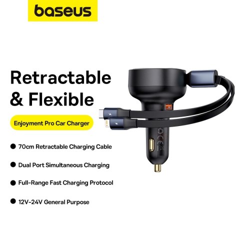 Ładowarka samochodowa Baseus Enjoyment USB-A z kablem USB-C / Lightning 60W - czarny Ładowarka samochodowa Baseus Enjoyment USB-A z kablem USB-C / Lightning 60W - czarny