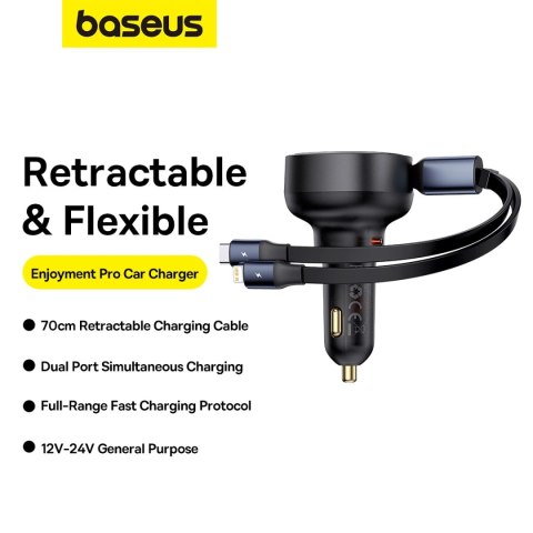 Ładowarka samochodowa Baseus Enjoyment USB-C z kablem USB-C / Lightning 60W - czarny Ładowarka samochodowa Baseus Enjoyment USB-C z kablem USB-C / Lightning 60W - czarny