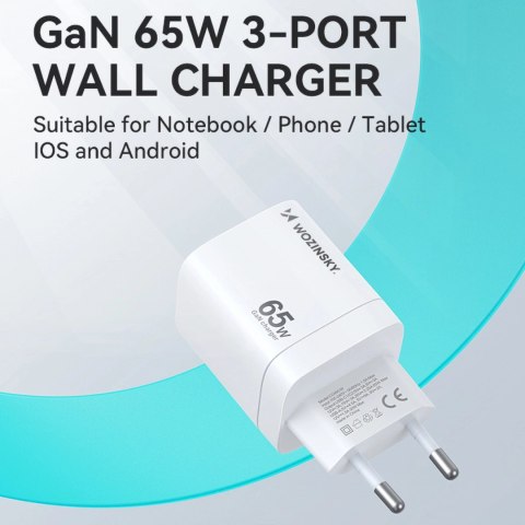 Ładowarka sieciowa GaN Wozinsky CGWCW 65W USB-A / 2 x USB-C - biała Ładowarka sieciowa GaN Wozinsky CGWCW 65W USB-A / 2 x USB-C - biała