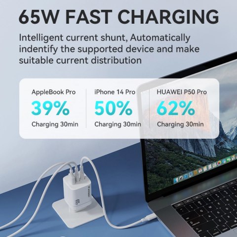 Ładowarka sieciowa GaN Wozinsky CGWCW 65W USB-A / 2 x USB-C - biała Ładowarka sieciowa GaN Wozinsky CGWCW 65W USB-A / 2 x USB-C - biała