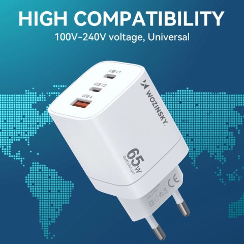 Ładowarka sieciowa GaN Wozinsky CGWCW 65W USB-A / 2 x USB-C - biała Ładowarka sieciowa GaN Wozinsky CGWCW 65W USB-A / 2 x USB-C - biała