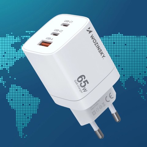 Ładowarka sieciowa GaN Wozinsky CGWCW 65W USB-A / 2 x USB-C - biała Ładowarka sieciowa GaN Wozinsky CGWCW 65W USB-A / 2 x USB-C - biała