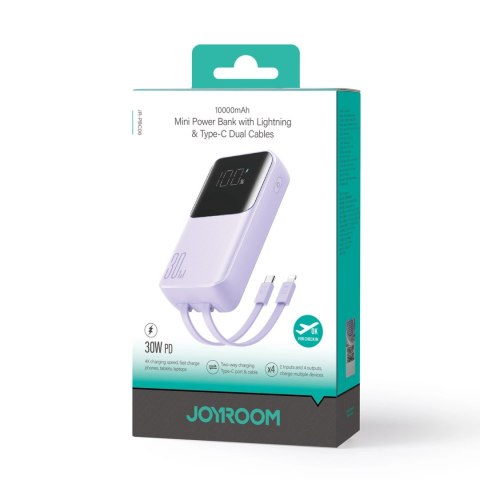 Mini powerbank Joyroom JR-PBC06 z wbudowanymi kablami USB-C / Lightning 30W 10000mAh - fioletowy Mini powerbank Joyroom JR-PBC06 z wbudowanymi kablami USB-C / Lightning 30W 10000mAh - fioletowy