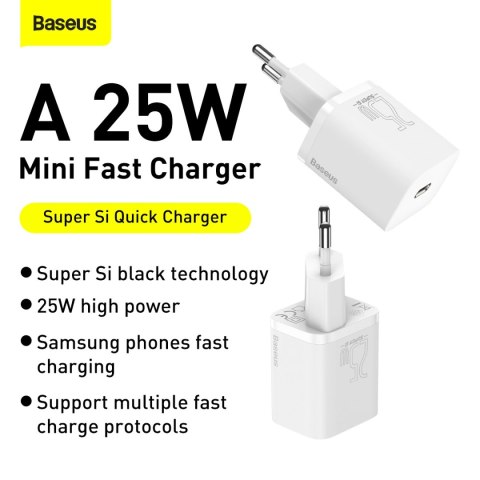 Szybka ładowarka sieciowa Baseus Si USB-C 25W 3A z kablem USB-C / USB-C 1m - biały