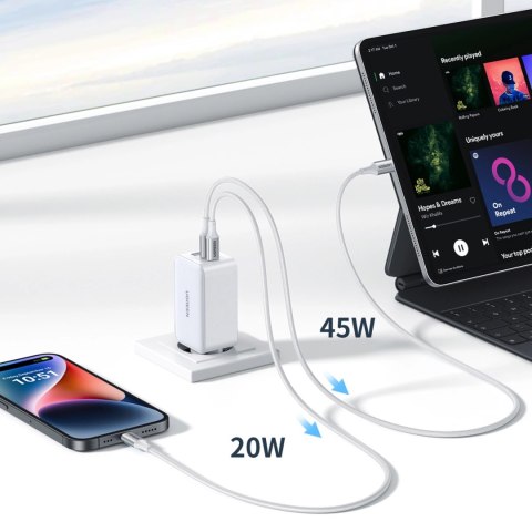 Szybka ładowarka sieciowa GaN Ugreen CD244 65W USB-A / 2x USB-C - biała Szybka ładowarka sieciowa GaN Ugreen CD244 65W USB-A / 2x USB-C - biała