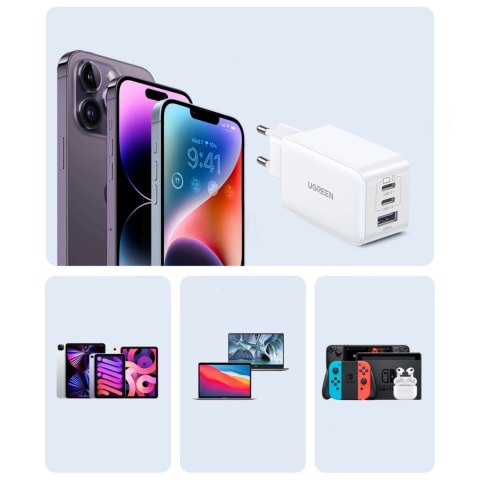 Szybka ładowarka sieciowa GaN Ugreen CD244 65W USB-A / 2x USB-C - biała Szybka ładowarka sieciowa GaN Ugreen CD244 65W USB-A / 2x USB-C - biała