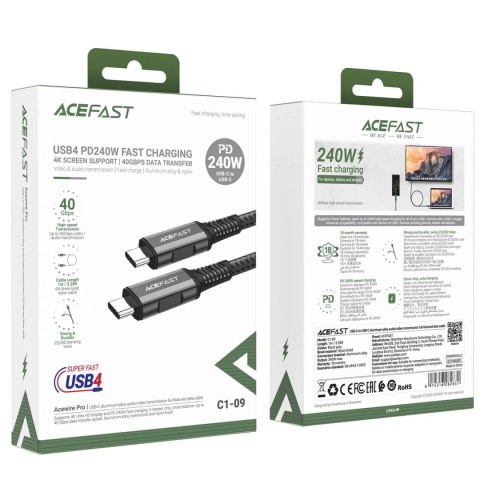 Kabel Acefast C1-09 USB-C / USB-C USB4 PD3.1 5A 1m - szaro-czarny Kabel Acefast C1-09 USB-C / USB-C USB4 PD3.1 5A 1m - szaro-czarny