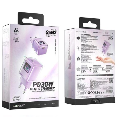 Ładowarka Acefast A53 PD 30W GaN USB-C z wyświetlaczem - fioletowa Ładowarka Acefast A53 PD 30W GaN USB-C z wyświetlaczem - fioletowa