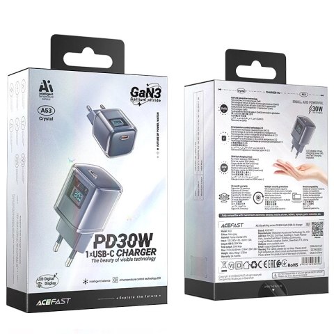 Ładowarka Acefast A53 PD 30W GaN USB-C z wyświetlaczem - szara Ładowarka Acefast A53 PD 30W GaN USB-C z wyświetlaczem - szara