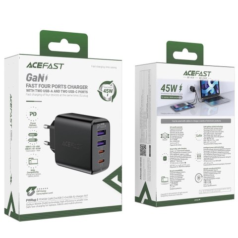 Ładowarka Acefast A61 PD 45W GaN 2 x USB-C + 2 x USB-A z 4 portami - czarna Ładowarka Acefast A61 PD 45W GaN 2 x USB-C + 2 x USB-A z 4 portami - czarna