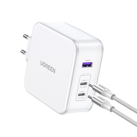 Ładowarka sieciowa GaN Ugreen Nexode CD289 USB-A/2xUSB-C 140W + kabel USB-C - USB-C 1.5m - biała Ładowarka sieciowa GaN Ugreen Nexode CD289 USB-A/2xUSB-C 140W + kabel USB-C - USB-C 1.5m - biała